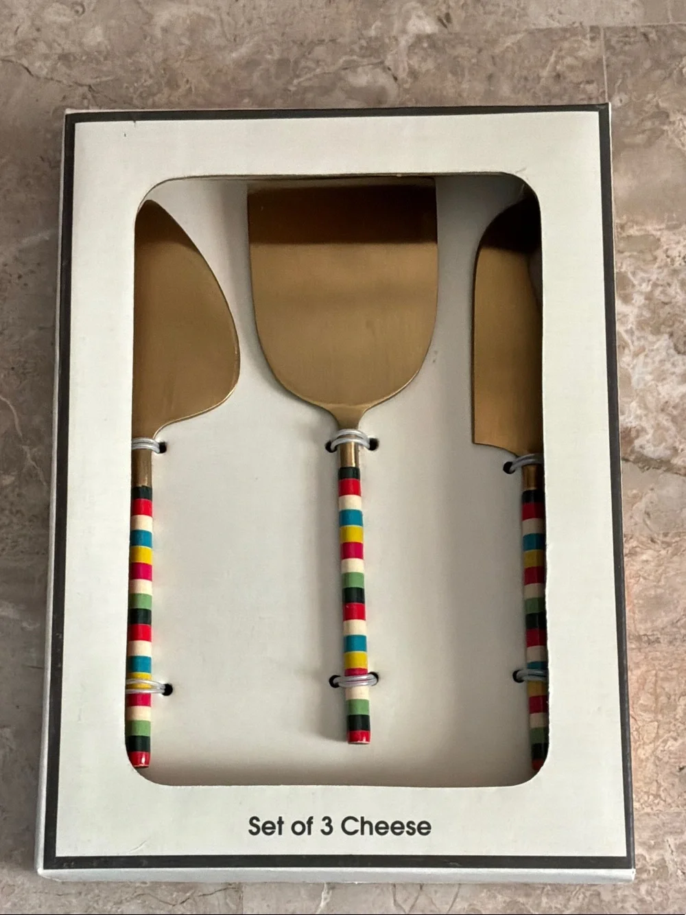Set of 3 Multicolor Handle Gold Cheese Knives